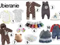 Zestaw ubranek dla noworodka: pajacyki, body, skarpetki, czapeczka, rękawiczki, kombinezon, sukienka i ogrodniczki.