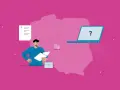 Ilustracja przedstawia mężczyznę z dokumentami, laptop z pytajnikiem i zarys Polski.