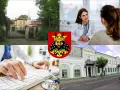 Lekarz medycyny pracy Lipno: konsultacja lekarska, wpisywanie danych na klawiaturze, budynek przychodni i herb miasta.