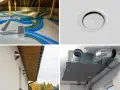 Instalacja kanałów wentylacji mechanicznej: rozdzielacz w poddaszu, kratka nawiewna, wyloty ścienne i rekuperator.