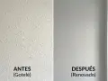 Antes (gotelé) y después (renovado). Se puede poner papel pintado en gotele para un acabado liso.