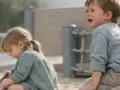 Ein Junge weint, während ein Mädchen im Sand spielt. Das Kind zeigt deutliche Trennungsangst.