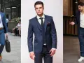 Trzech mężczyzn w granatowych garniturach. Jaka marynarka do granatowych spodni? Stylizacje od formalnych po casualowe.