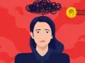 Ilustracja kobiety z kłębkiem czarnych myśli nad głową na czerwonym tle.