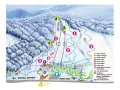 Mapa zimowych atrakcji: wyciągi (A, B, C), trasy narciarskie (1-5), tor saneczkowy (6), bacówka (7) i dom pszczelarza (8).