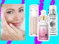 Kobieta aplikuje podkład, obok kosmetyki: baza pod makijaż Eveline Unicorn, nawilżający primer i baza pod makijaż Bielenda Glass Skin.