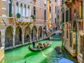 Un gondoliere a Venezia guida una gondola con turisti lungo un canale verde, tra palazzi storici e un ponte affollato.