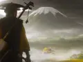 Un samurái con un shamisen a la espalda contempla un paisaje brumoso con el Monte Fuji al fondo. Podría ser una escena de Ghost of Tsushima 2.
