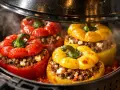 Gefüllte Paprikaschoten im Airfryer, dampfend und bereit zum Genuss. Rote und gelbe Paprika mit einer herzhaften Hackfleischfüllung.