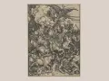 Albrecht Dürer: Czterej Jeźdźcy Apokalipsy. Groza i chaos na drewnie, gdy jeźdźcy niosą zagładę, a anioł zsyła gniew.