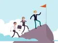 Teamwork in nonprofit management: a leader helps colleagues ascend a mountain to reach a flag, symbolizing shared goals and success.