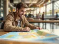 Glad ung man planerar sin interrail europa-resa med karta.