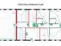 Plan ewakuacyjny z zaznaczonymi drogami, które prowadzą do wyjście ewakuacyjne.