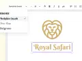 Edytor tekstu z listą czcionek, gdzie "Berkshire Swash" jest zaznaczone. Obok logo lwa i tekstu "Royal Safari". To jak co to znak wodny, ale w kontekście projektowania graficznego.