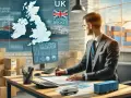 Mężczyzna w garniturze pracuje nad dokumentami, planując odprawy celne UK. Na ekranie mapa Wielkiej Brytanii i symbole transportu.