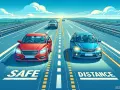 Due auto, rossa e blu, su un'autostrada. La distanza di sicurezza deve essere maggiore se si percorre la corsia d'emergenza.