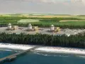Wizualizacja elektrowni atomowej w Polsce, zlokalizowanej nad morzem, otoczonej lasem.