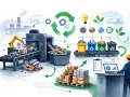 Ilustracja przedstawia proces zarządzania odpadami poprodukcyjnymi: od linii produkcyjnej, przez segregację, po analizę danych.