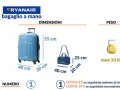 Ryanair hand luggage dimensions: blue trolley (55x40x20cm) and blue bag (40x25x20cm). Max weight 10kg.