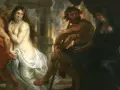 Orfeusz prowadzi Eurydykę przez Hades. Władca podziemia, Hades, i jego żona Persefona obserwują ich odejście.