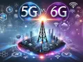 Porównanie 5G i 6G: futurystyczna wizja technologii sieciowych z wieżą transmisyjną w centrum.