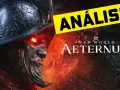 Un guerrero con ojos llameantes y un casco ornamentado, listo para explorar un nuevo mundo. El título "New World Aeternum" y "Análisis" resaltan.