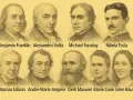 Retratos de personajes de la edad moderna: Benjamin Franklin, Alessandro Volta, Michael Faraday, Nikola Tesla, Thomas Edison, André-Marie Ampère, Clerk Maxwell, Marie Curie y Lene Hau.
