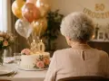 Uroczysta atmosfera z balonami i tortem z cyframi "80" na stole. W tle girlanda z napisem "80 URODZINY". Piękne życzenia na 80 urodziny dla solenizantki.