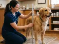 Vétérinaire mesurant la taille au garrot d'un golden retriever dans une clinique.