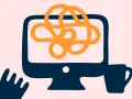 En person med en hand som sträcker sig mot en dator där en orange trassel symboliserar att hen klarar inte av att jobba. En mugg står bredvid.