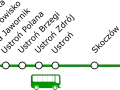 Schemat linii autobusowej z zaznaczonymi przystankami: Wisła Głębce, Wisła Kopydło, Wisła Dziechcinka, Wisła Uzdrowisko, Ustroń Jawornik, Ustroń Polana, Ustroń Brzegi, Ustroń Zdrój, Ustroń, Skoczów, Katowice.