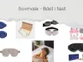 En samling sovmasker, inklusive en lyxig sovmask i satin, en blå 3D-sovmask och flera roliga djurmasker.