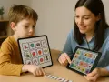 Chłopiec z zaburzeniami ze spektrum autyzmu uczy się komunikacji z terapeutką, korzystając z tabletów z obrazkami.