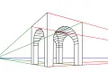 Illustration d'une perspective à deux points montrant deux arches gothiques avec des lignes de fuite rouges et vertes.