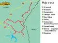 Mapa motocyklowej trasy przez Polskę, z zaznaczonymi punktami takimi jak Ustrzyki Dolne, Jezioro Solińskie i serpentyny w Słonne.