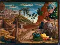 Jesus im Garten Gethsemane betet, während seine Jünger schlafen. Eine Engelsgestalt erscheint. Im Hintergrund eine Stadt.
