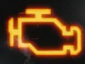 Die Motorleuchte leuchtet orange und zeigt ein Warnsymbol. Rauch und Funken deuten auf ein Problem hin.