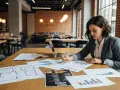 Mujer planificando cómo abrir un restaurante, revisando planos y menús en una mesa de madera.