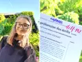Uśmiechnięta dziewczyna w okularach na tle zieleni, obok fragment testu z napisem "delf B2".