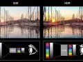Porównanie obrazów SDR i HDR: port jachtów o zachodzie słońca. Wykresy pokazują, co to jest HDR – szerszy zakres kolorów i jasności.