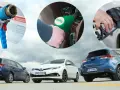 Tankowanie samochodów: pistolety do paliwa, w tym do diesla, i trzy auta Toyota Auris.
