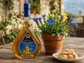 Liquore Genziana Abruzzo, con fiori blu e gialli, biscotti e sfondo di pietra.