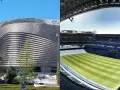 Nowy stadion Realu Madryt w budowie i gotowy do gry. Futurystyczna fasada i zielona murawa Santiago Bernabéu.