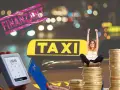 Glückliche Frau auf Münzstapeln vor einem Taxi-Schild. Ein Zahlungsterminal zeigt 39,90 R$. Die **Wartezeit** und **Kosten** für ein **Taxi** sind hier wohl gut investiert.