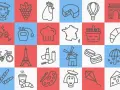 Iconos que representan el logo de Francia: Torre Eiffel, baguette, queso, macaron, gorro de chef, mapa de Francia, y más.