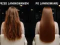 Przed i po laminacji włosów: zniszczone, puszące się włosy zamieniają się w gładkie, lśniące i zdrowe.