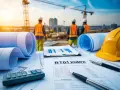 Plans, calculatrice, casque jaune et ouvriers sur un chantier. Le document BT01 Index est au premier plan.