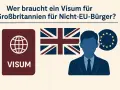 Visum für Großbritannien: Ein Nicht-EU-Bürger plant seinen Auslandsaufenthalt in England. Links ein Visum-Dokument, daneben die Union-Jack-Flagge und das EU-Symbol.