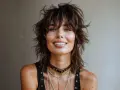 Mujer con un moderno corte mullet, sonriendo con confianza.