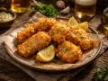 Crujientes trozos de bacalao rebozado, servidos con gajos de limón y perejil picado. Perfectos para acompañar una cerveza fría.